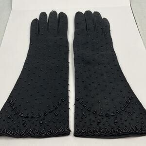 Vintage Black Leather Beaded Gloves
